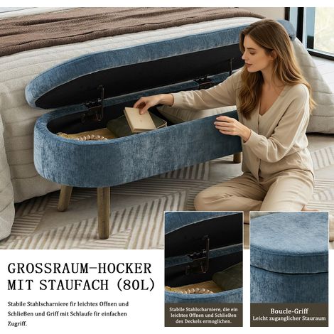 Banc rangement 110 x 40 x 42cm cadre bois massif, tissu chenille, 20L de rangement. Usage pour intérieur domestique