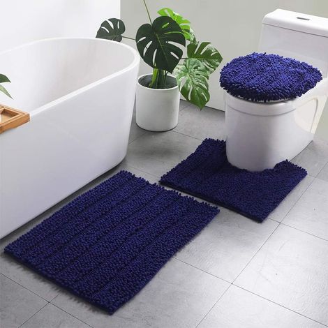 Set of 3 chenille bath mats, soft, non-slip, rectangular, absorbent and durable plush for bathtub, shower, bathroom, toilet (navy blue, set of 3) (1/5)