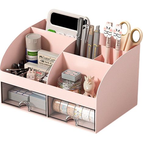 Organizer da scrivania, Versatile Organizer da ufficio con 6 scomparti e 2 piccoli cassetti, per portapenne, controllo remoto e altri piccoli articoli da ufficio - Rosa (1/5)