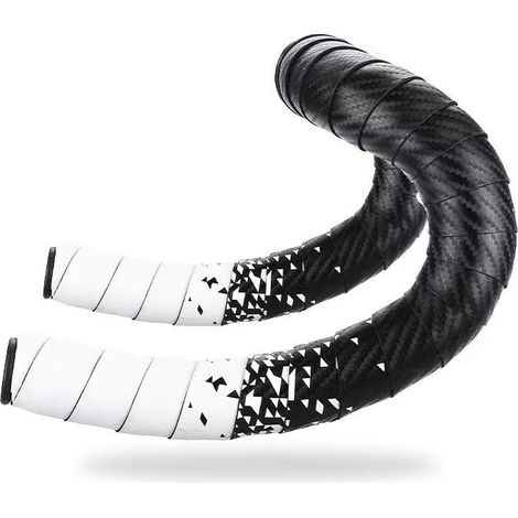 Guidon de vélo de route avec texture fibre de carbone, blanc et noir, sangles et sangles d'enroulement pour vélo de route pliant. (1/5)