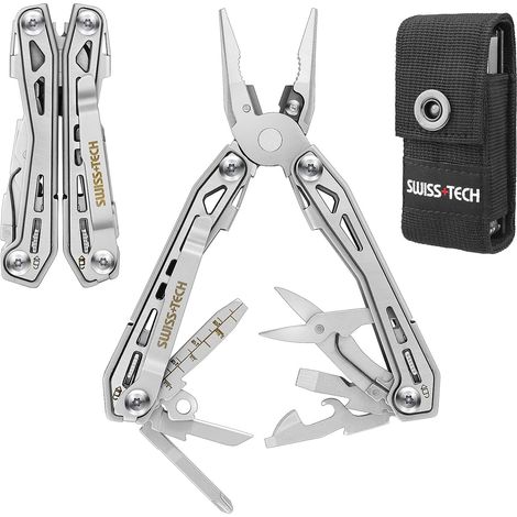 Swiss+Tech Pince Multifonction en Acier Inoxydable 16 en 1 avec Verrou de Sécurité, Couteau Multifonction avec Etui Pince Scie Tournevis Lime pour Survie Camping Randonnée (Argent)