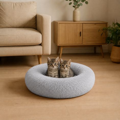belviona Donut Katzenbett, weiches Katzenkörbchen mit flauschigem Plüsch, rutschfest & gemütlich, 50 cm Durchmesser, hellgrau (1/4)
