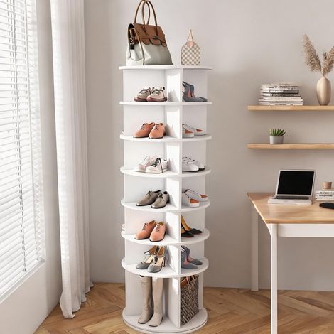 Tour à chaussures pivotante 7 étagères en PVC blanc (1/5)