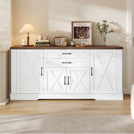 Aparador blanco (160x39x81.5 cm), 4 puertas, 2 cajones, estantes ajustables, MDF y tablero de partículas, blanco y nogal (1/5)