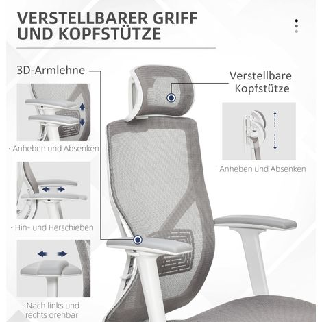 Fauteuil de bureau gaming pivotant avec appui-tête, soutien lombaire, accoudoirs 3D, réglable en hauteur (3 positions), roulettes 360°, tissu mesh respirant, mousse ergonomique, gris, 67x65x120-128 cm (1/4)