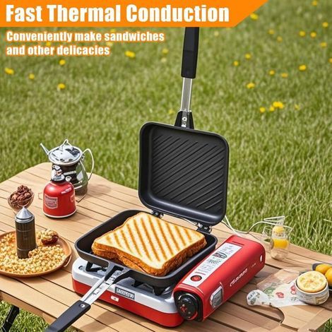 Machine Pain Double Face Antiadhésive avec Poignées Résistantes Chaleur, Presse Sandwich pour Cuisinière Gaz, Grille-Pain Multifonction, Poêle Griller Toast Portable pour Maison, Extérieur, Camping (1/4)
