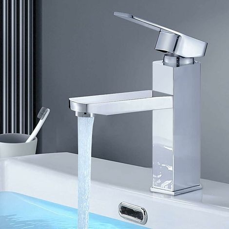 Robinet Salle de Bain Rectangulaire Monotrou Cartouche Céramique Chaude Froide Réglable Carrée Mitigeur pour Vasque Lavabo avec Mousseur Acier Inox Noir Mat (1/5)