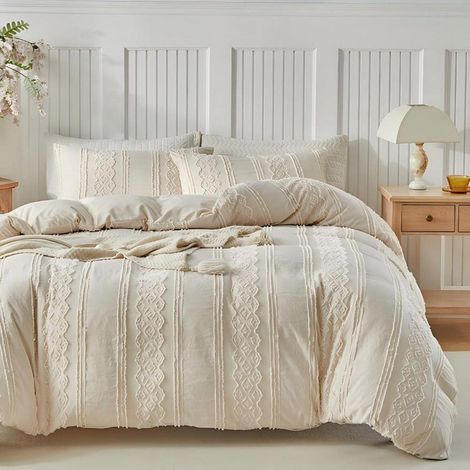 Housse de couette 200x220 Beige Tufting Boho Rayures Géométriques Ensemble de housse de couette