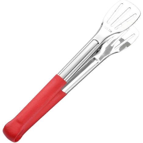 Pince de service en acier inoxydable avec poignée et tête à 3 rangées de fentes, rouge, idéale pour les grillades et les buffets. (1/5)