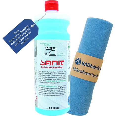 BADfabrik24 Sanit Bad-und Küchenglanz Flasche 1000 ml + Mikrofasertuch