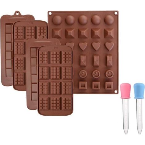 Lot de 5 moules à chocolat - En silicone - Anti-adhésifs - Pour tablettes de chocolats, barre énergétiques et protéinées, glaçons, (1/4)