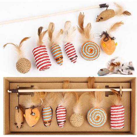 Jouet interactif pour chat, 7 pièces Jouet pour chat interactif avec balles, souris, plumes et canne à pêche en bois - Interactif pour chats de tous âges (1/5)