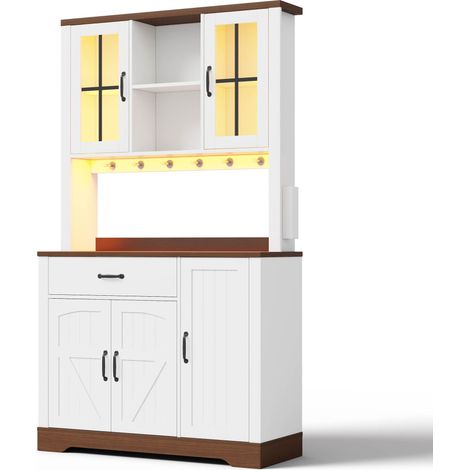 Küchenhochschrank Buffetschrank im Scheunenstil 105 x 40 x 185 cm, Vorratsschrank mit LED-Beleuchtung, Steckdosen, Schublade und Haken