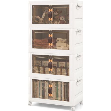 Armoire de Rangement à 4 Bacs Pliables et Empilables Roues Verrouillables Boîtes de Rangement Empilables pour Salon Chambre Placard Blanc Maison Chic