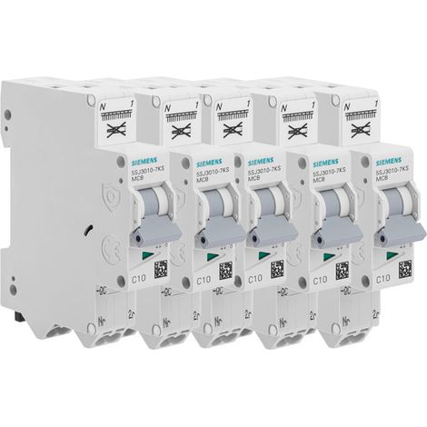 Siemens – Lot de 5 disjoncteurs unipolaires 10A – Courbe C 4.5kA – Raccordement par câble rigide 1,5 ou 2,5mm² – IP20 pour protection