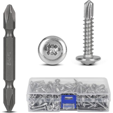 300 pcs Vis autoforeuse metal M4,8 x 25mm Vis à tête ronde autoperceuse avec forets Auto-perceuses pour métal Empreinte PH/Cruciforme pour metal, tôle dacier aluminium bois (1/5)