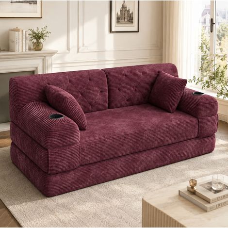 Sofá cama de 3 plazas (208x80x81 cm), con respaldo alto, 4 bolsillos laterales, 2 posavasos, corduroy vino tinto (1/5)