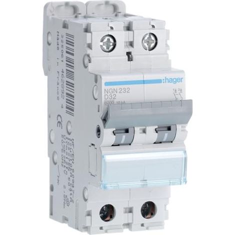 Disjoncteur 2 Pôles 10kA courbe D 32A 2 modules HAGER NGN232 (1/5)
