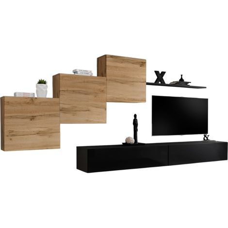 Wandkomposition SWITCH X – Wand-TV-Möbel, schwebende Würfel und Regal – Hochglanz Schwarz und Wotan Eiche – Modernes Design (1/2)