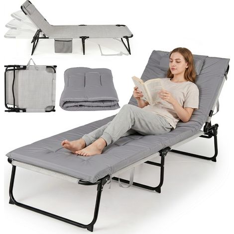 Transat pliable gris avec matelas amovible, dossier réglable en 4 positions et cadre métallique pour jardin, piscine et camping