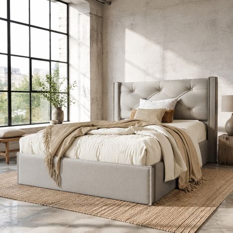 DESMIU Lit coffre 1 place avec rangement hydraulique, 90 × 200 cm, sans matelas, en coton, gris clair (1/5)