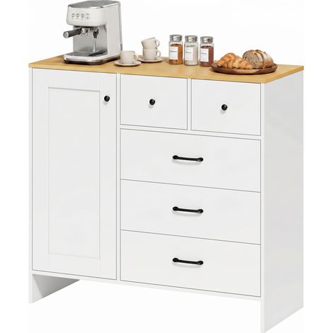 Buffet Cuisine, Meuble de Rangement avec 5 Tiroirs et Porte, Style Rustique, 100x40x94cm, Blanc (1/5)