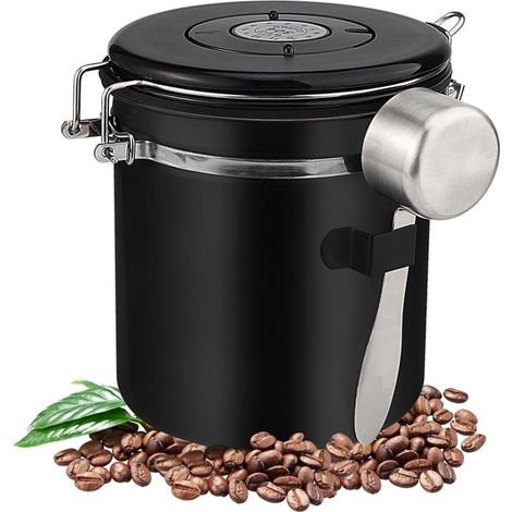 Dailygoods, Lata para café, Recipiente hermético para café, Acero inoxidable, Negro, Apto para granos de café, 1,5 litros, Para té y frutos secos (1/5)