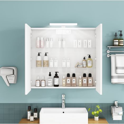 Mueble de baño con espejo 80 cm blanco, 2 puertas, LED, enchufe francés (1/5)