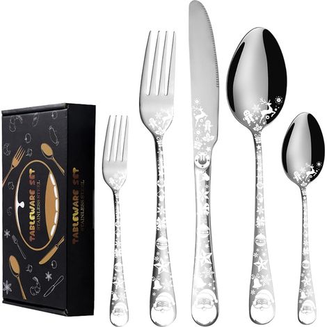 Ménagère Noël 20 Pièces, Acier Inoxydable, Motif de Noël, Compatible Lave-Vaisselle, Argent (1/5)
