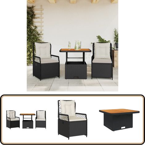 Ensemble à manger de jardin avec coussins 3 pcs Noir - Ensemble Salon De Jardin - Mobilier De Jardin - Table Extensible - Chaises Pliantes - Résine Tressée