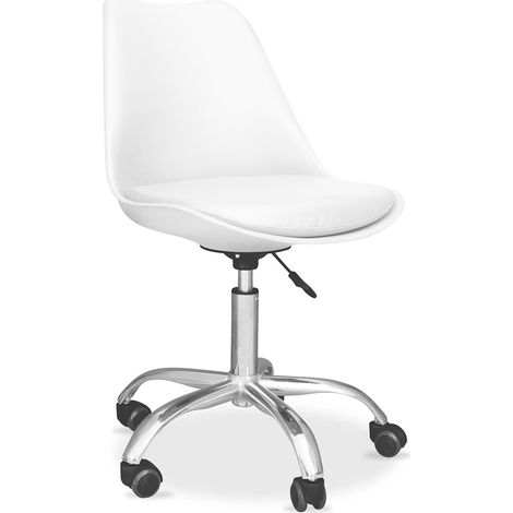 Chaise de bureau pivotante ergonomique – Siège en PP avec coussin simili cuir – Réglable en hauteur – Base métal chromé avec roulettes