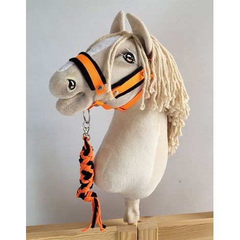 Set de caballito de juguete: Cabestro A3 con pelo negro y correa de cuerda - Naranja neón/Negro (1/5)
