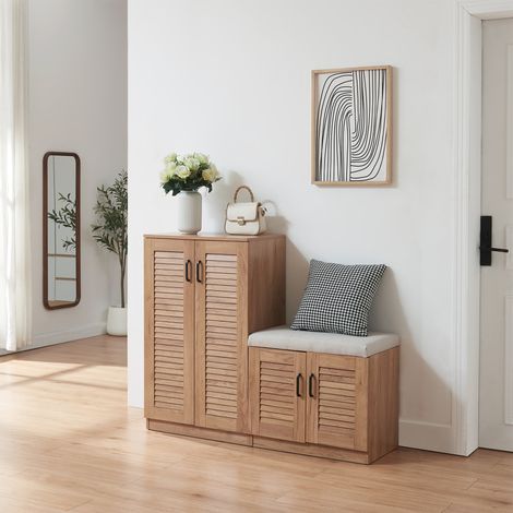 Mueble zapatero Løten + banco 9 compartimentos para 18 pares 97x120x36 cm - Efecto roble [en.casa]