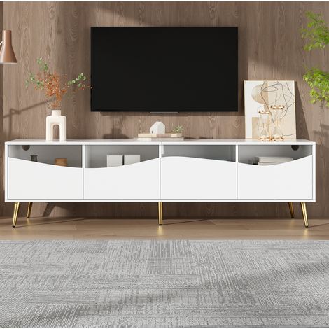 TV bas 180x40x50 cm blanc en MDF avec façade en verre, LED Bluetooth et grand espace de rangement (1/5)
