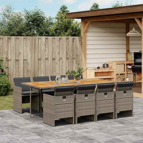 Ensemble à manger de jardin 9 pcs-Salon de jardin coussins gris résine tressée 635108 (1/5)