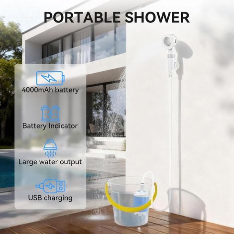 Douche portable, douche camping portable, douche extrusion rechargeable par USB, douche électrique portable étanche avec 2 modes, 4000 mAh, pour camping, la randonnée, camping-cars et nettoyage des an
