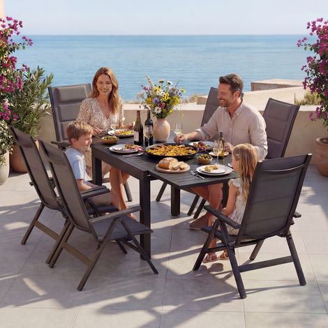 Ensemble de Table et Chaises de Jardin 7 Pièces, Composé 1 Table en Aluminium et 6 Chaises Pliantes, Table de Jardin Extensible (80/160 cm), Ensemble de Table et Chaises d'Extérieur, Gris