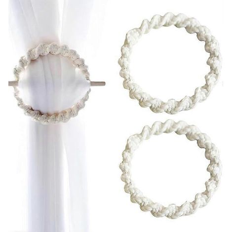 Lot de 2 embrasses de rideaux avec tringle en bois - Embrasses de rideaux en coton tissé à la main - Beige (1/5)