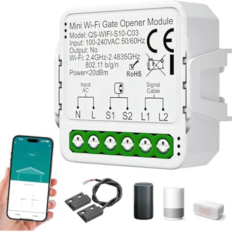 Ouvre-Porte De Garage Wifi, Contrôleur De Porte De Garage Avec Capteur Et Programmation, Ouvre Portail Connecté, Commande Intelligente De Portail Roulant Compatible Avec Alexa, Google Assistant (1/5)
