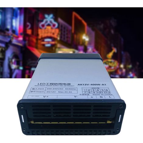 Alimentation étanche 400W, transformateur 12V avec protection contre les courts-circuits, boîtier plastique, pour bande LED et projets électroniques. (1/5)