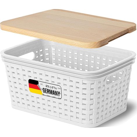 Boîte de rangement Novaliv avec couvercle en bois Mini panier 2L blanc en rotin Panier de rangement alimentaire Boîte empilable Boîte en plastique