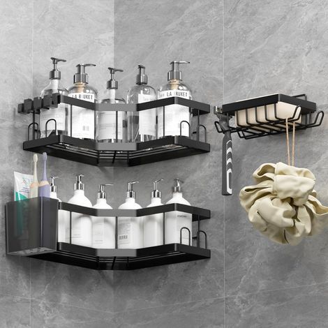 4 Pièces Étagère Salle De Bain, Acier Au Carbone, Finition Mate, Adhésif Sans Perçage, Pour Douche (1/5)