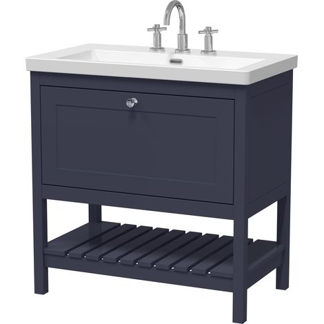 Coppenhall Contemporary 1 Drawer Floor Standing Vanity Unit with Fireclay Basin, Indigo Blue, 800mm