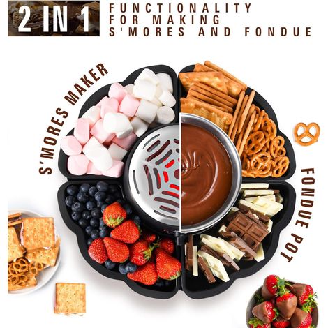 Ensemble 2 en 1 pour S'mores et fondue, kit S'mores d'intérieur à poser, rôtissoire à guimauves avec contrôle de température, 4 plateaux amovibles, 4 fourchettes à rôtir et 1 bol chauffant. (1/5)