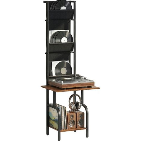 Presentoir to CD industrial, bracket of storage for CD and DVD with 3 pockets in fabric and tray, appearance wood rustic brown (1/5)