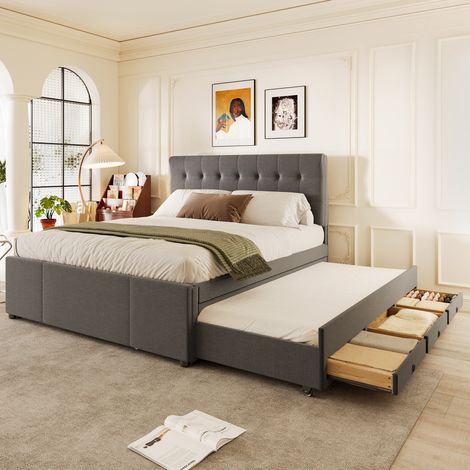 MEUBLIV Cama 140x200 cm gris con cama nido, 3 cajones y cabecero ajustable, sin colchón (1/5)