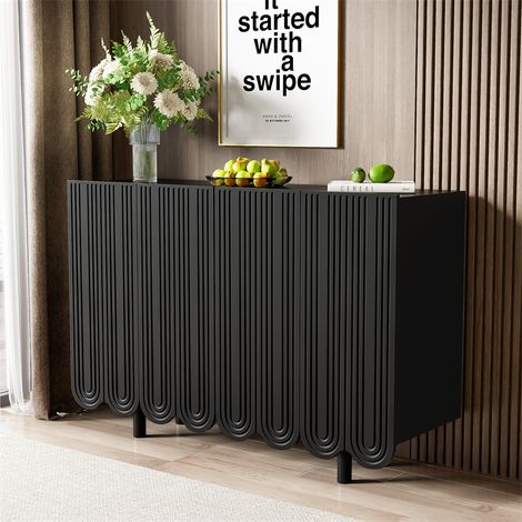 Buffet 120x80.8x37.5cm, buffet en forme de larme avec 4 portes profilées et charnière tampon, noir (1/5)