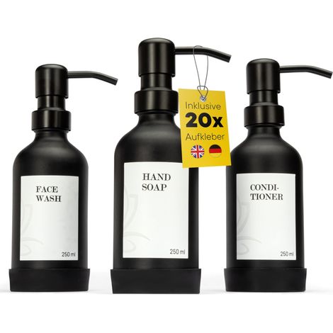 Lot de 3 bouteilles à pompe en verre - Noir - Distributeur de savon rechargeable, distributeur de gel douche - 250 ml - Élégante bouteille en verre pour salle de bain, cuisine (1/5)
