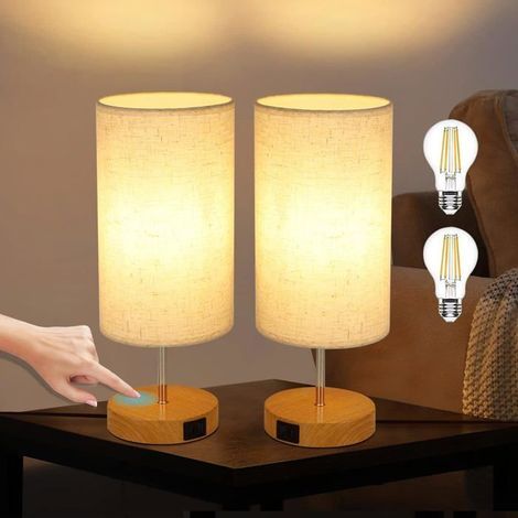 Lot de 2 lampes de chevet tactile - blanc chaud en tissu 3 niveaux d'intensité Lampe à poser avec Ports de Charge USB (1/3)