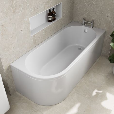 J Shaped Shower Bath Right Hand Bathtub 1700mm with Front Panel Acrylic Modern (1/5)